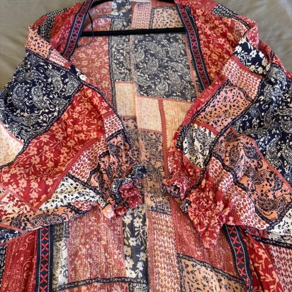 Ariat Womens Red Navy Patchwork Floral Paisley Kimono Wrap Cardigan S/M - Picture 7 of 10